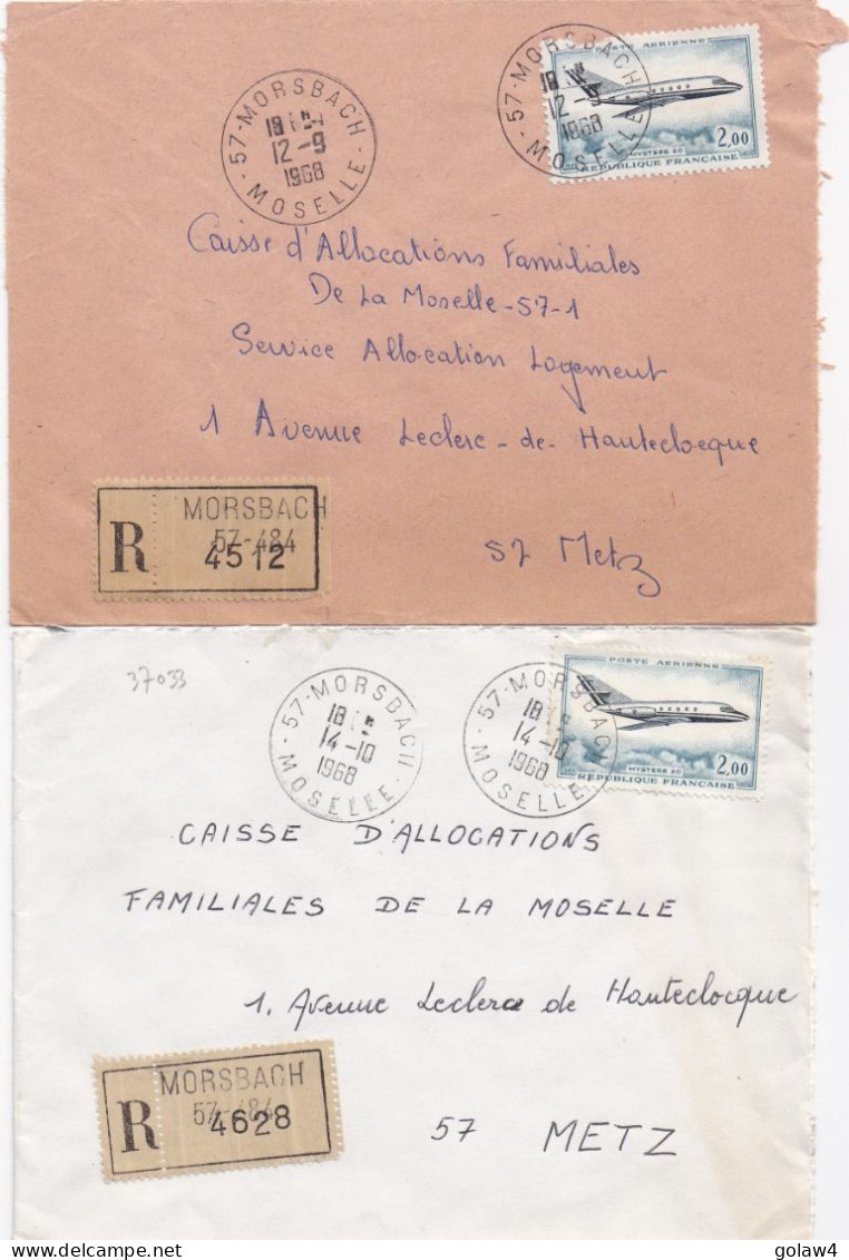 37033# LOT 2 LETTRES FRANCHISE PARTIELLE RECOMMANDE Obl MORSBACH MOSELLE 1968 Pour METZ 57 - Cartas & Documentos