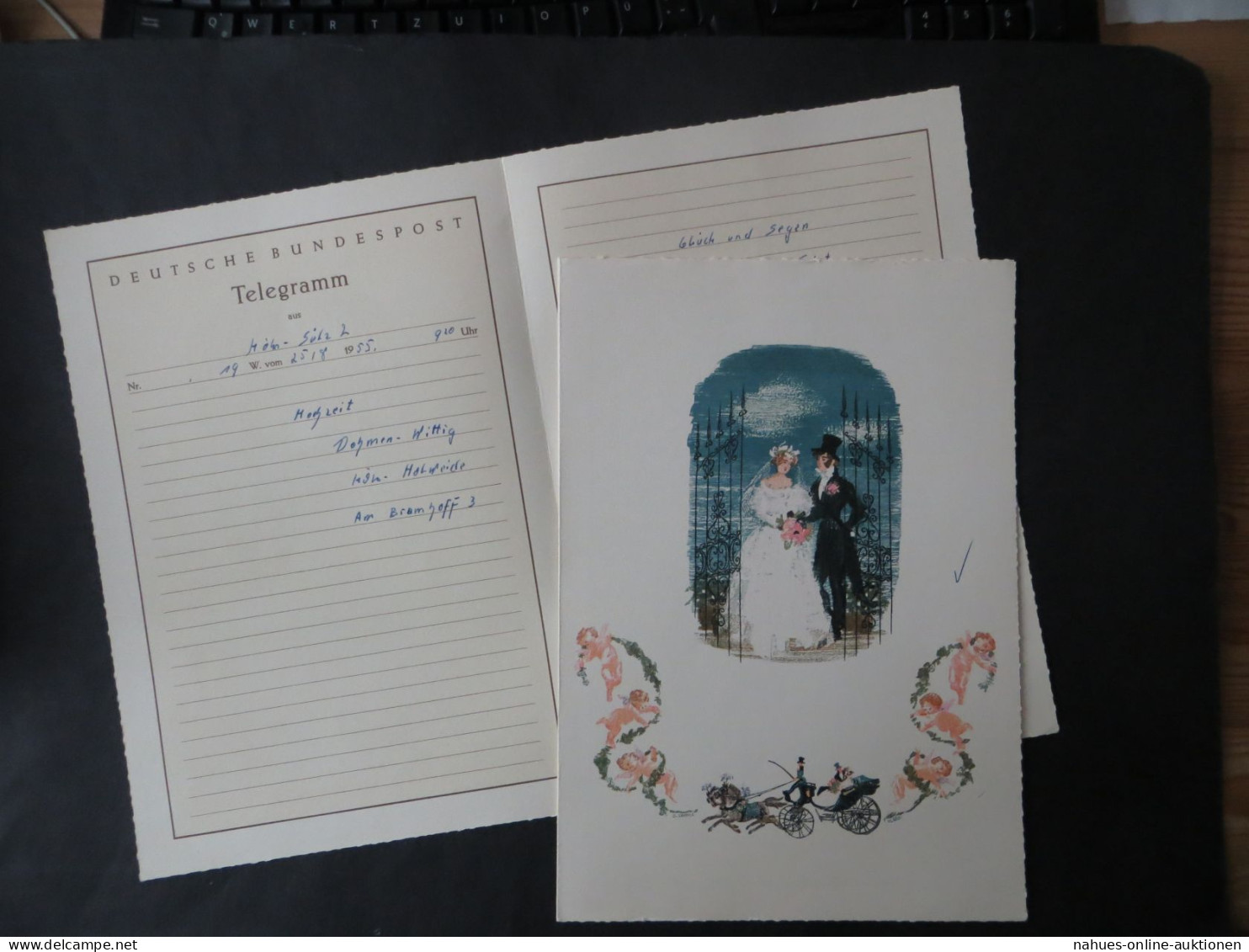 Bund Telegramm Hochzeit Braut Bräutigam Pferdewagen Blumen Engel Mehrfarbig 50er - Historische Documenten