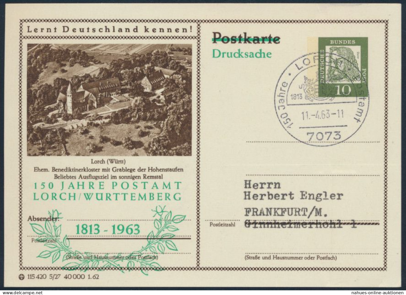 Bund Privatganzsache P 72 Zudruck Inter. SST 150 Jahre Postamt Lorch Frankfurt - Cartas & Documentos