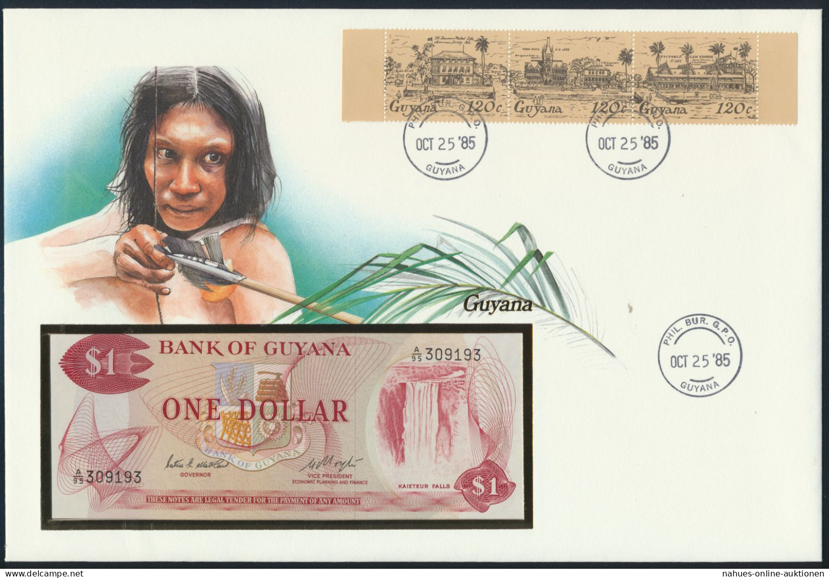 Geldschein Banknote Banknotenbriefef Guyana 1 Dollar Exotisches Motiv Jagd 1985 - Autres & Non Classés