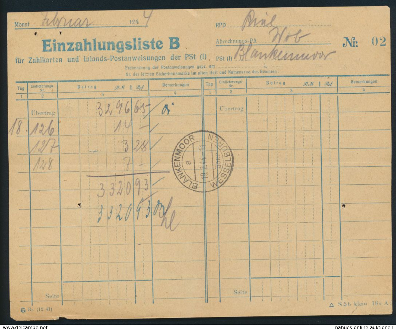 Bund Postsache Einzahlungsliste B F. Postanweisungen Landpoststempel Blankenmoor - Andere & Zonder Classificatie