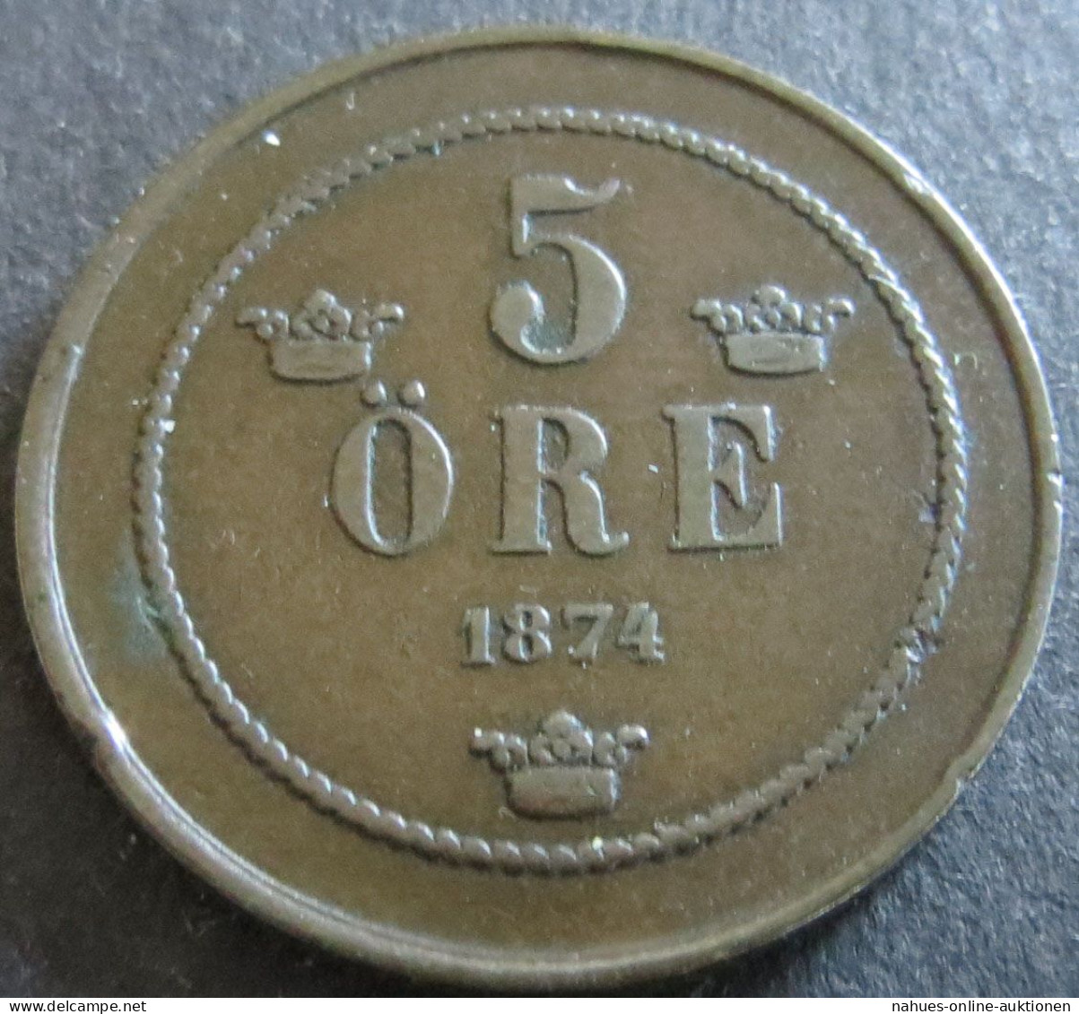 Münze Schweden 1874 - 5 Öre Oskar II. Bekröntes Monogramm 27mm Kupfer Vz - Sweden