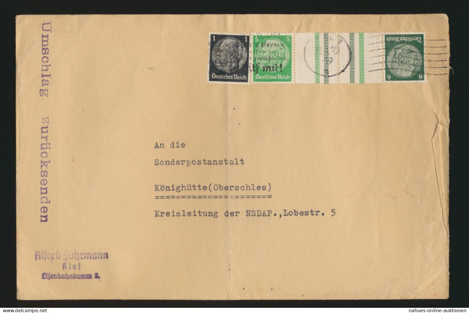 D. Reich Brief Zusammendruck Hindenburg KZ 32 Kiel Königshütte Schlesien Chorzów - Zusammendrucke