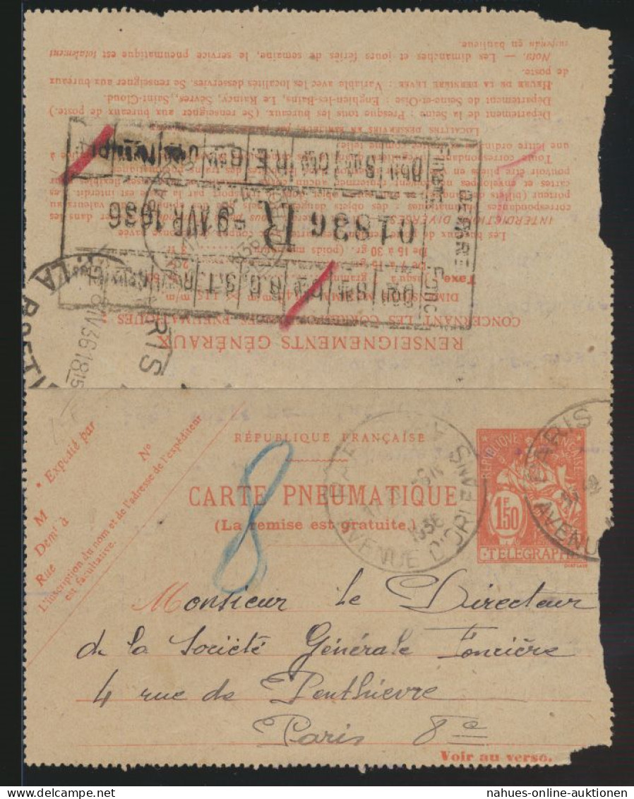 Frankreich Ganzsache Rohrpost Kartenbrief 1,50 F Nachgebühr France Postal - Briefe U. Dokumente