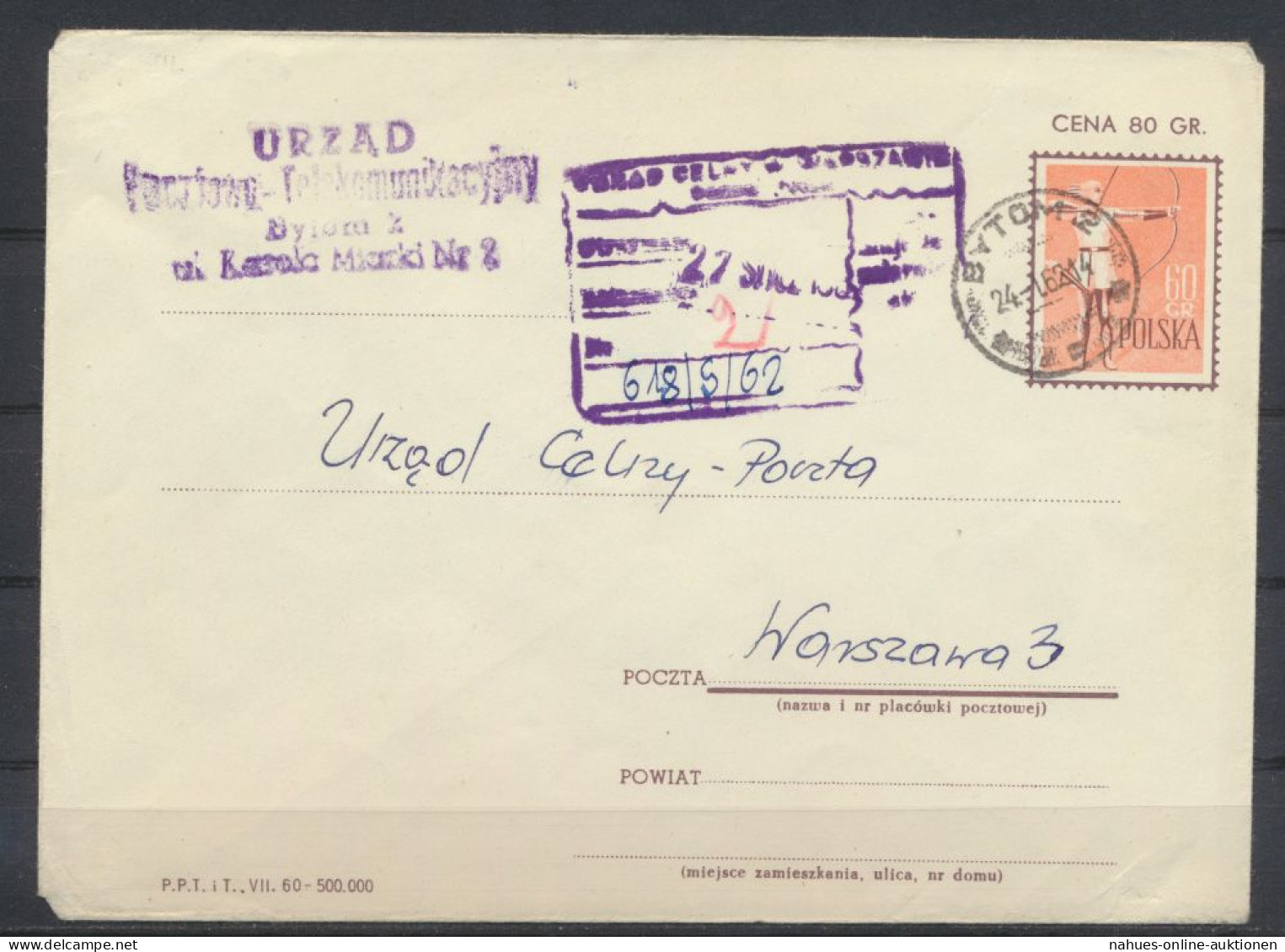 Polen Ganzsache Sport Bogenschießen Bytom Nach Warschau 1962 - Briefe U. Dokumente