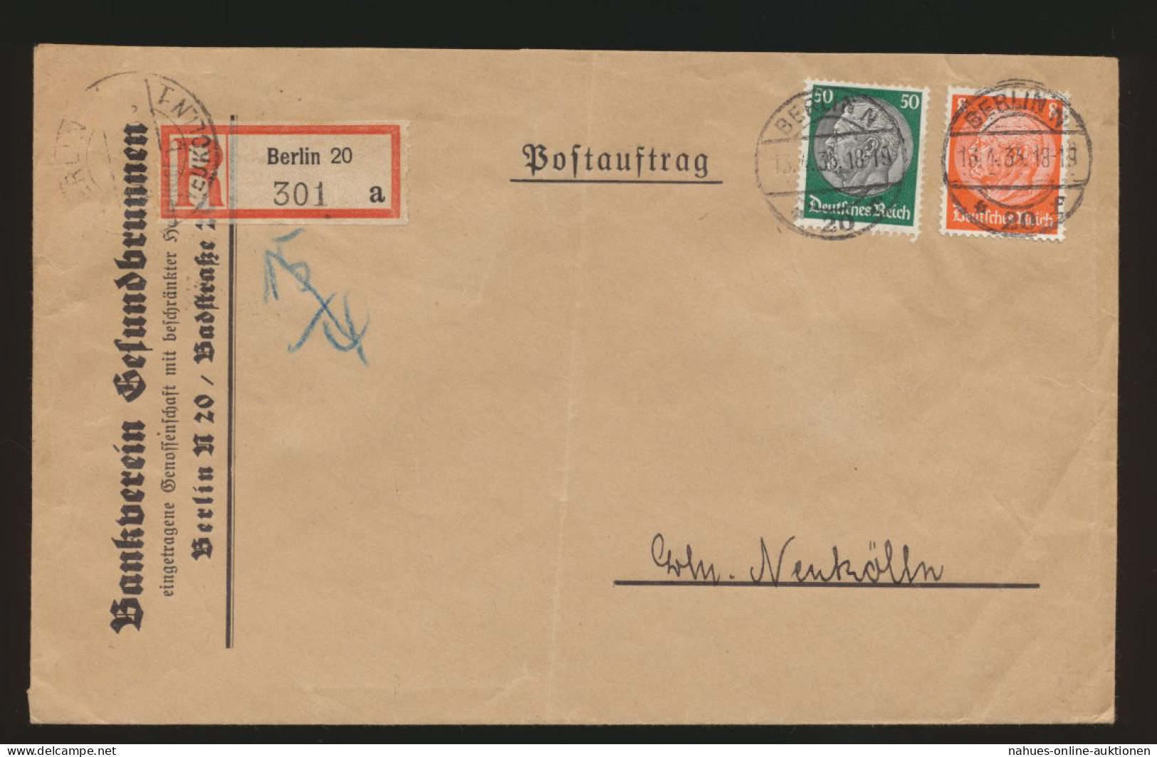 Postsache D. Reich R Brief MIF Hindenburg Postauftrag Berlin Nach Neukölln Wachs - Lettres & Documents