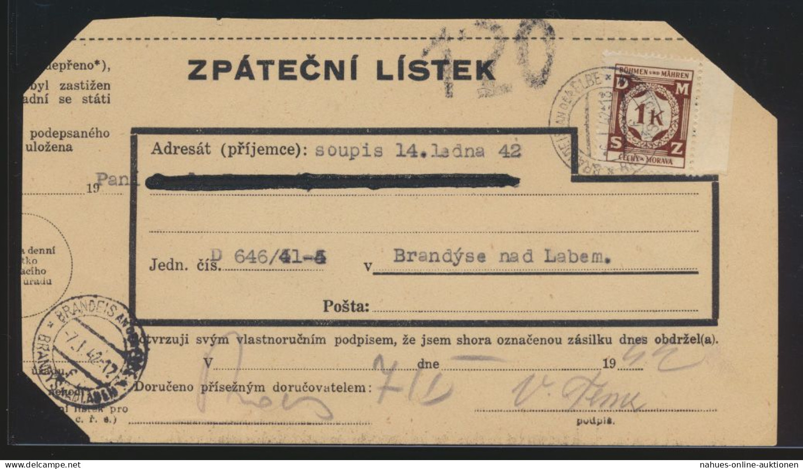 Besetzung Böhmen & Mähren Brief EF 1 K. Dienst Brandeis Nad Labem - Lettres & Documents