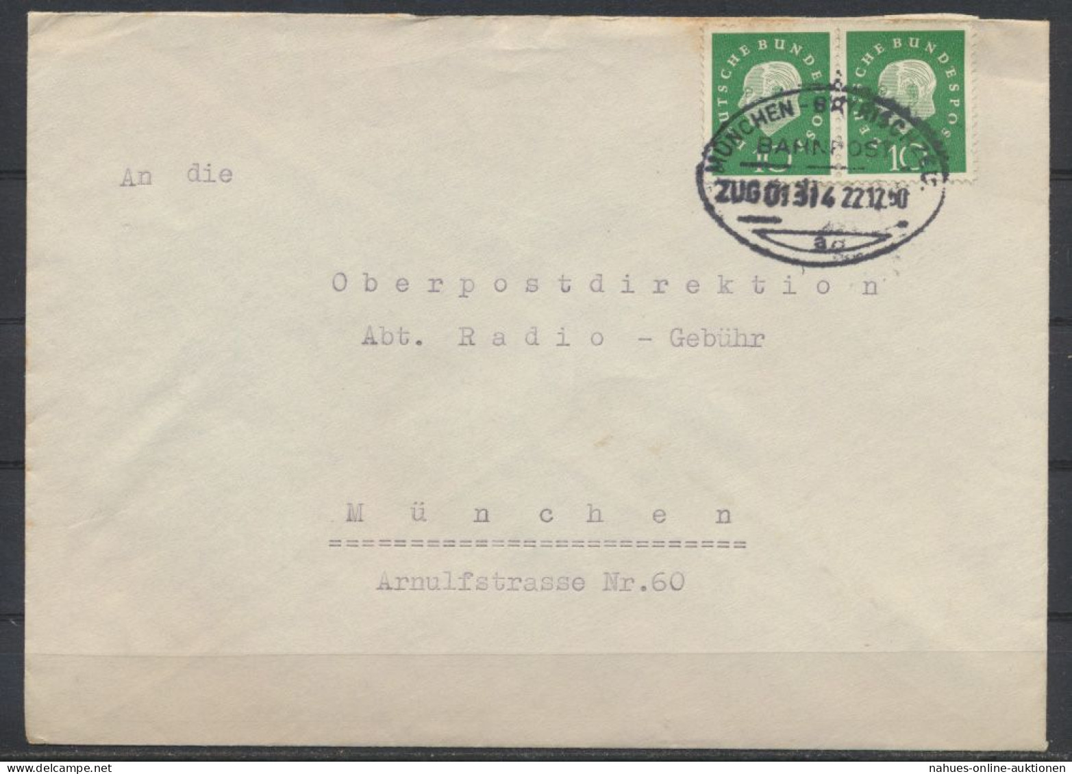 Bund Brief MEF 303 Heuss Waager. Paar Bahnpost München Bayrischzell Zug 01314 - Storia Postale