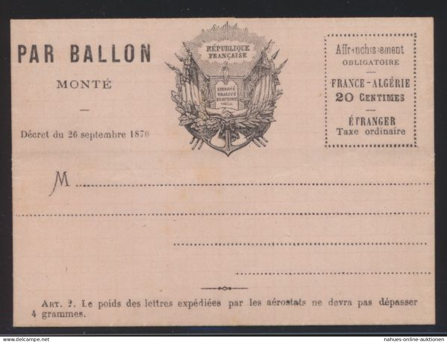 Flugpost Air Mail Ballonpost Ballon Monte Frankreich France 20 C. Faltbrief Von - Brieven En Documenten