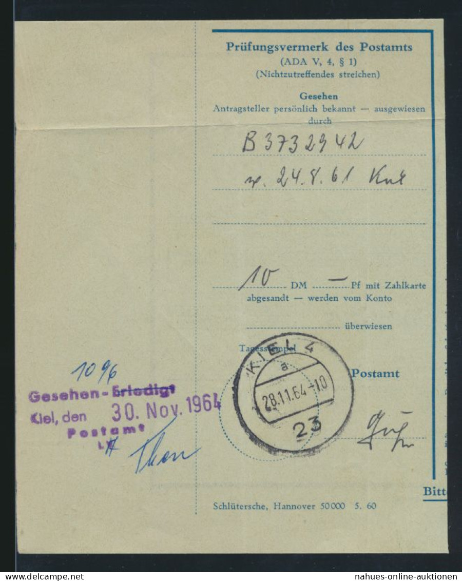 Bund Kiel Einzahlungsbeleg Zwecks Einrichtung Eines Postscheckkontos 28.11.1964 - Brieven En Documenten