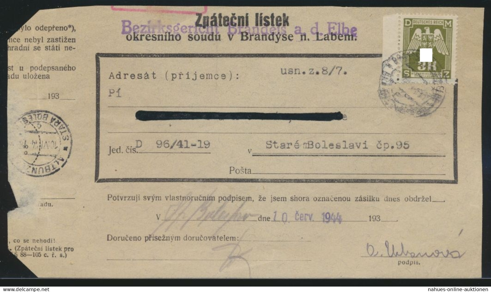 Besetzung Böhmen & Mähren EF Dienst D 22 3 K Bezierksgericht Brandeis Elbe - Lettres & Documents