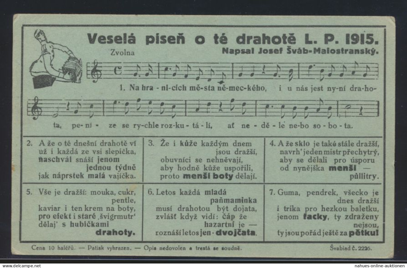 Tschechien Liedkarte Musik Josef Svab-Malostransky Schauspieler 1915 - Lettres & Documents