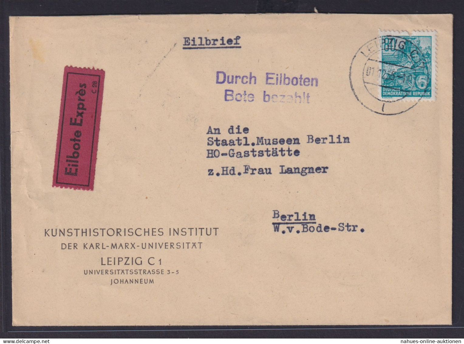 DDR Eilboten Brief Bote Bezahlt EF 80 Pfg. Fünfjahrplan Leipzig Nach Berlin - Lettres & Documents