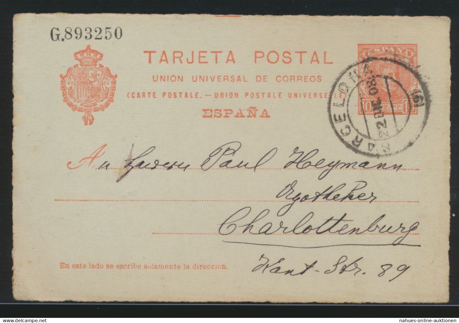 Spanien Ganzsache Ab Barcelona N. Berlin Charlottenburg Espana Postal Stationery - Storia Postale