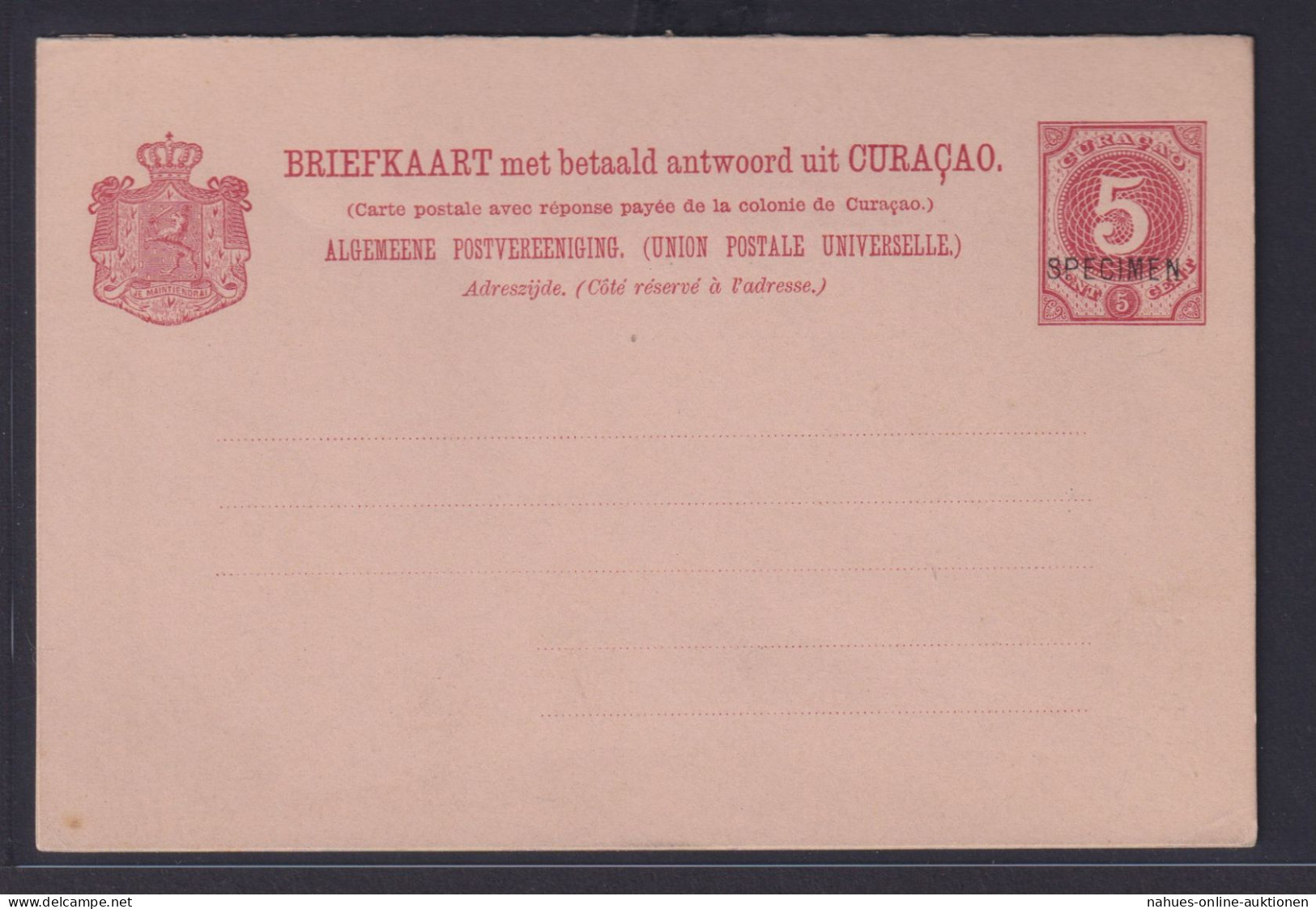Curacao Niederlande Kolonien Ganzsache 5 Cent Ziffer Mit Aufdruck Specimen - Niederländische Antillen, Curaçao, Aruba