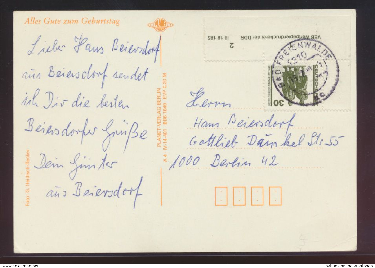 DDR Druckvermerk Bogenecke Eckrand Von Bad Freienwalde Nach Berlin Auf Postkarte - Lettres & Documents