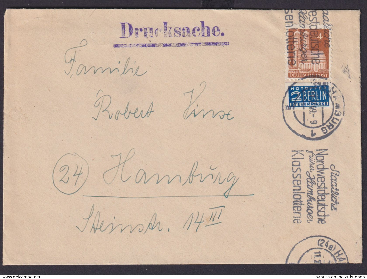 Bizone Brief Drucksache Werbestempel Nordwestdeutsche Lotterie Hamburg 11.2.1949 - Storia Postale