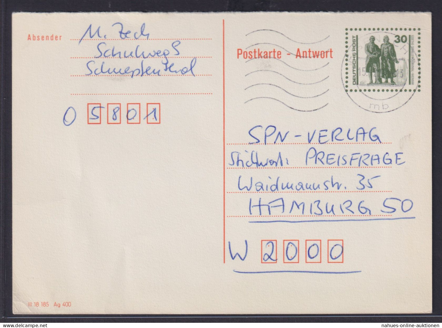 DDR Ganzsache P 108 A Antwort Goethe Schiller Denkmal Eisenach Nach Hamburg - Postkarten - Gebraucht