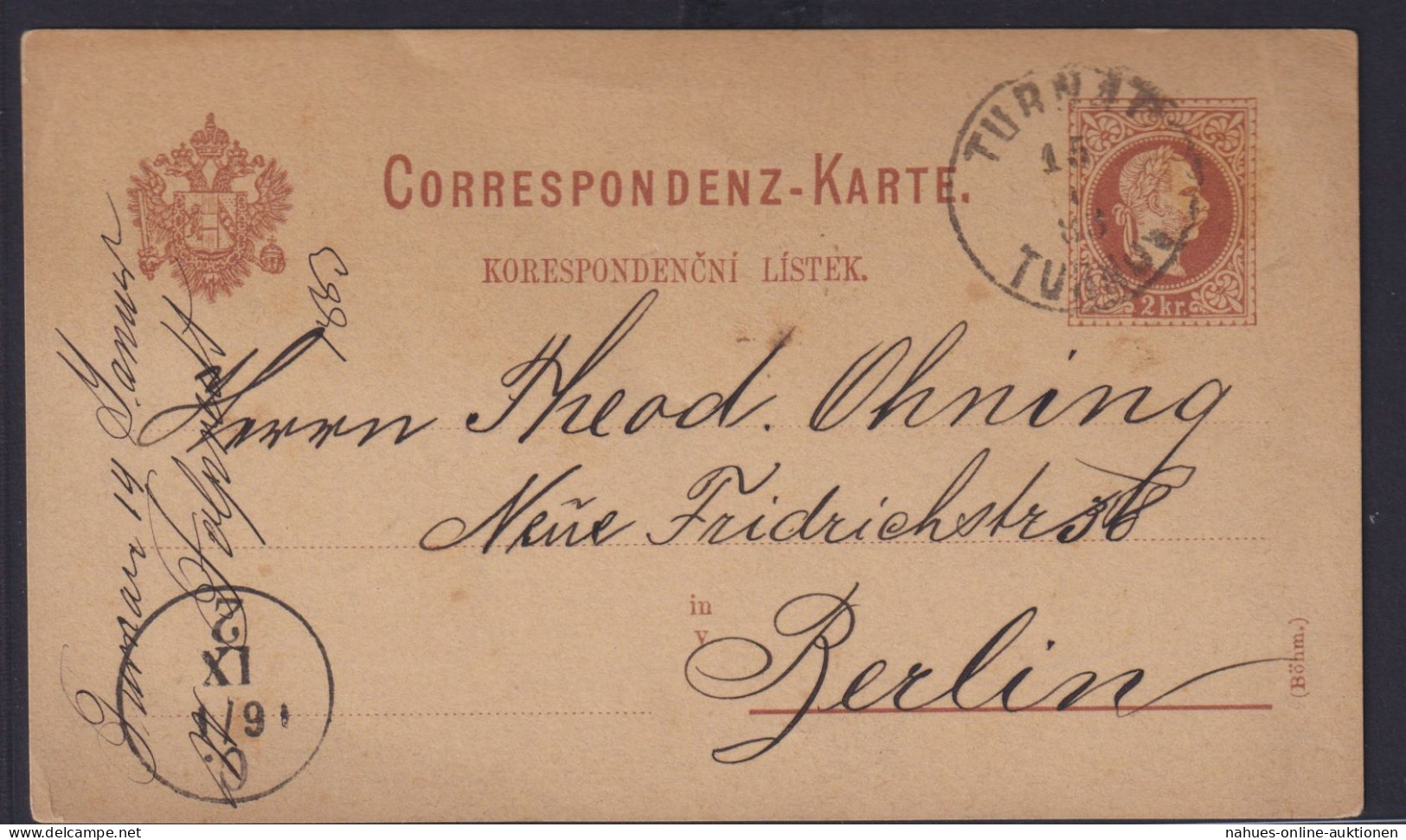 Österreich Ganzsache 2 Kreuzer Kaiser Franz Joseph Mit K1 Turnau Nach Berlin - Lettres & Documents
