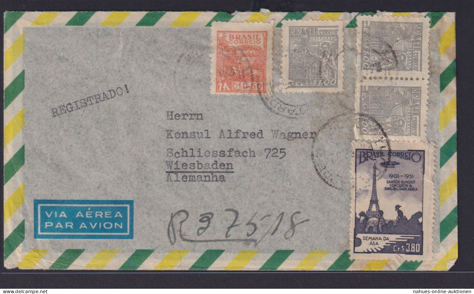 Brasilien R Luftpost Brief Wiesbaden 774 Flug Santos Dumont Um Den Eifelturm - Storia Postale