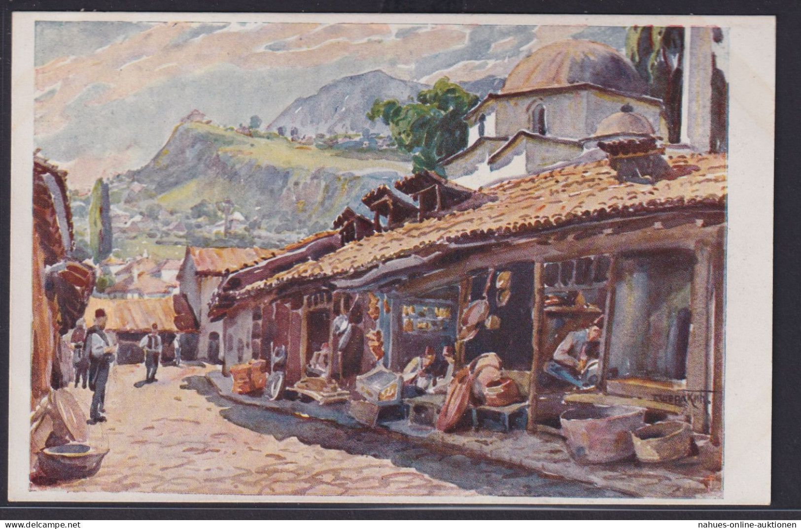 Ansichtskarte Künstlerkarte Sarajevo Markt Strasse Berge Bosnien Herzegowina - Altri & Non Classificati