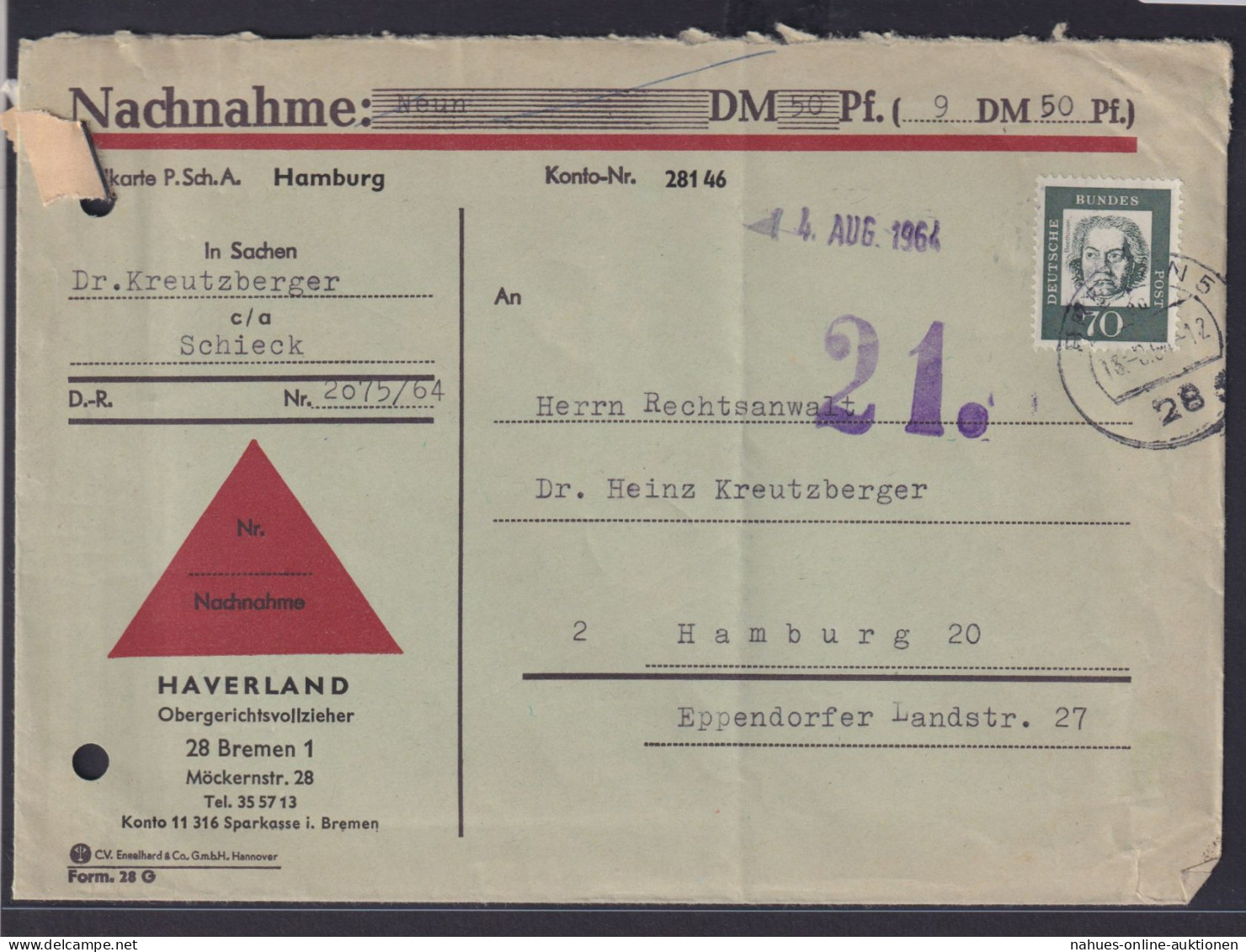 Bund Nachnahme EF Bedeutende Deutsche 358 Bremen Nach Hamburg - Covers & Documents