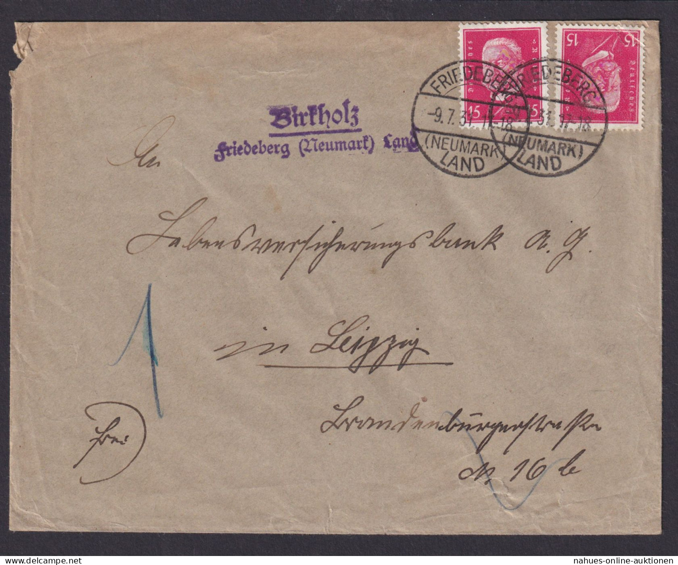 Birkholz über Friedeberg Neumark Brandenburg Deutsches Reich Brief - Covers & Documents