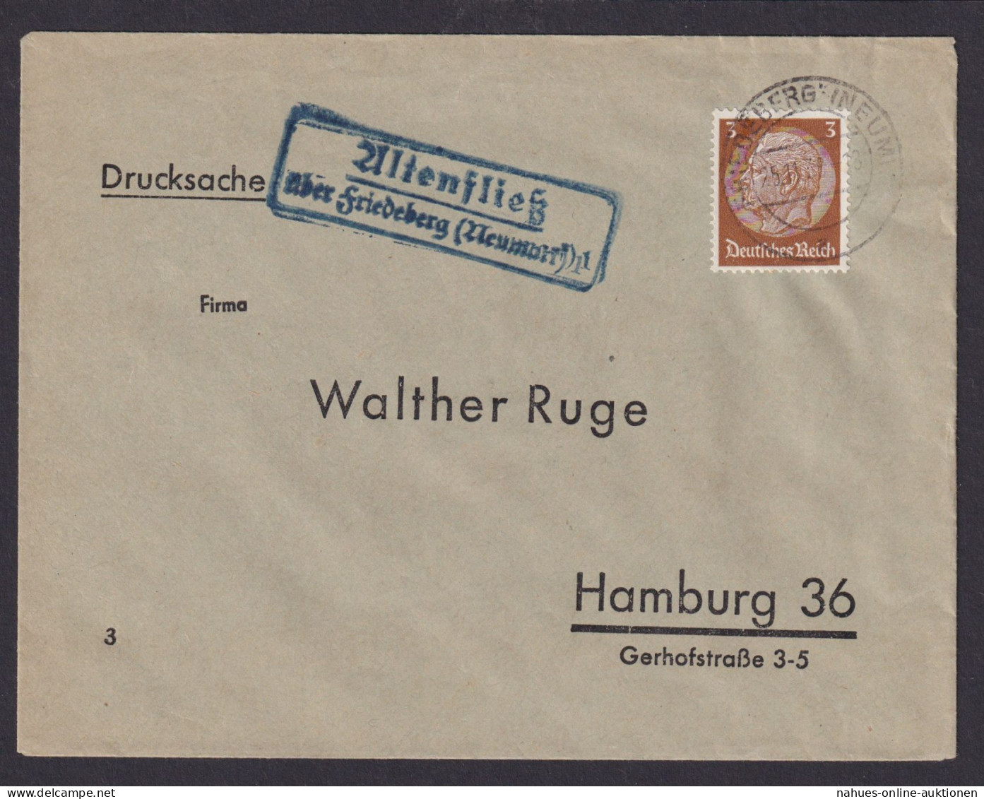 Altenfließ über Friedeberg Brandenburg Deutsches Reich Brief Landpoststempel N. - Storia Postale