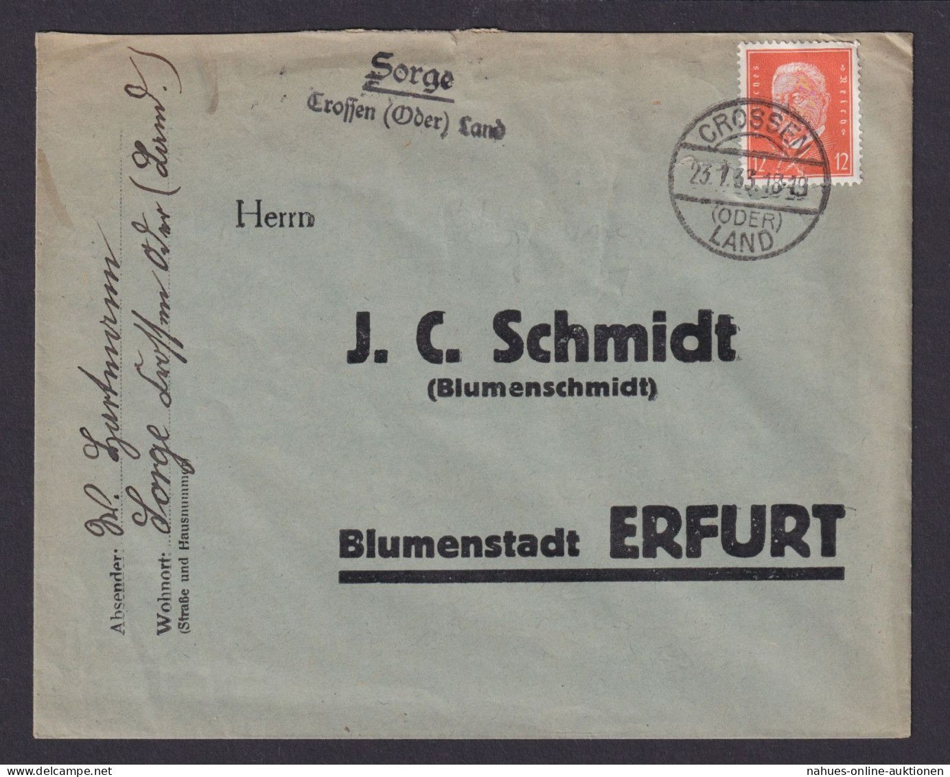 Sorge über Crossen Oder Land Crossen Brandenburg Deutsches Reich Brief - Storia Postale