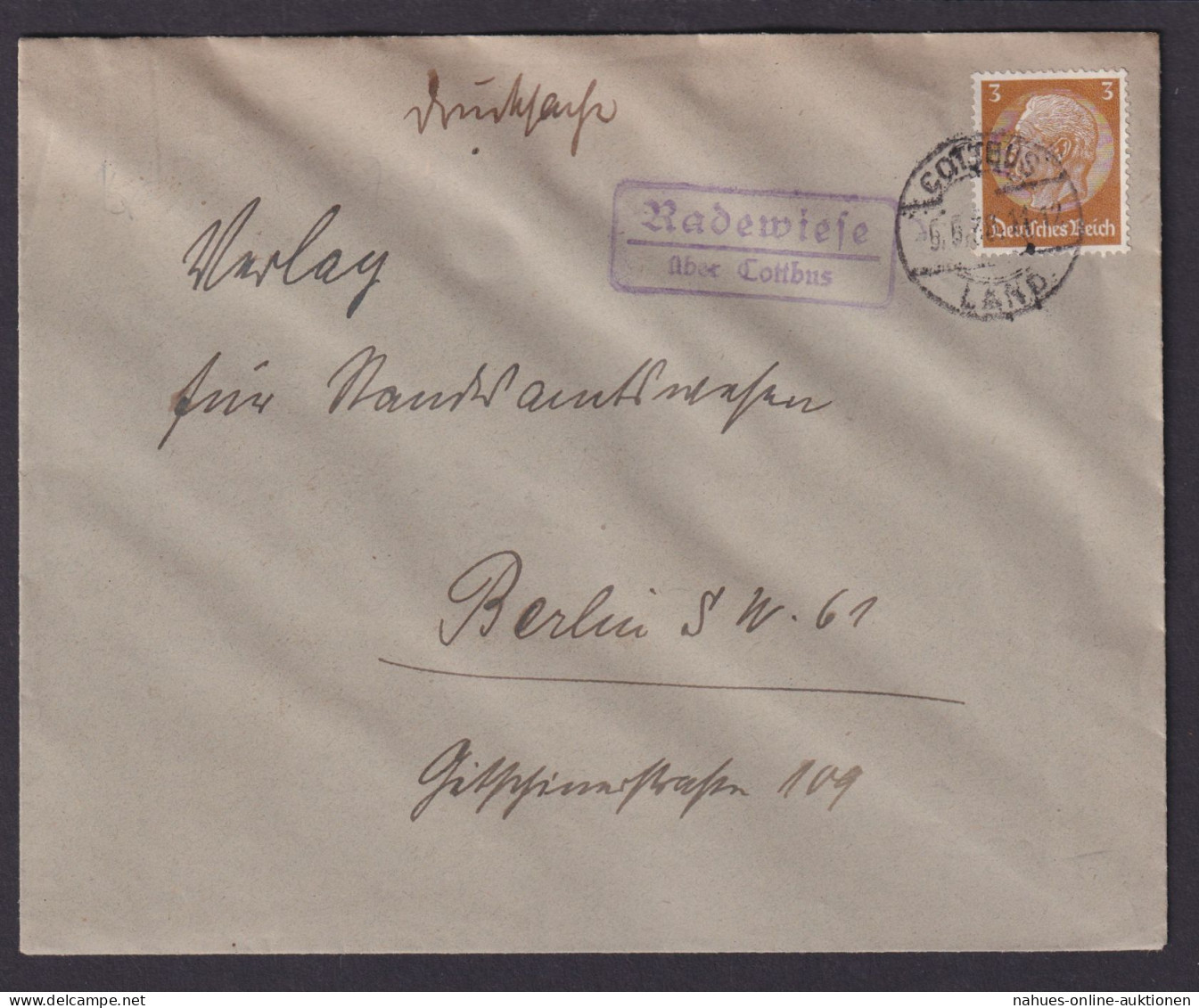 Radewiese über Cottbus Brandenburg Deutsches Reich Brief Landpoststempel - Storia Postale