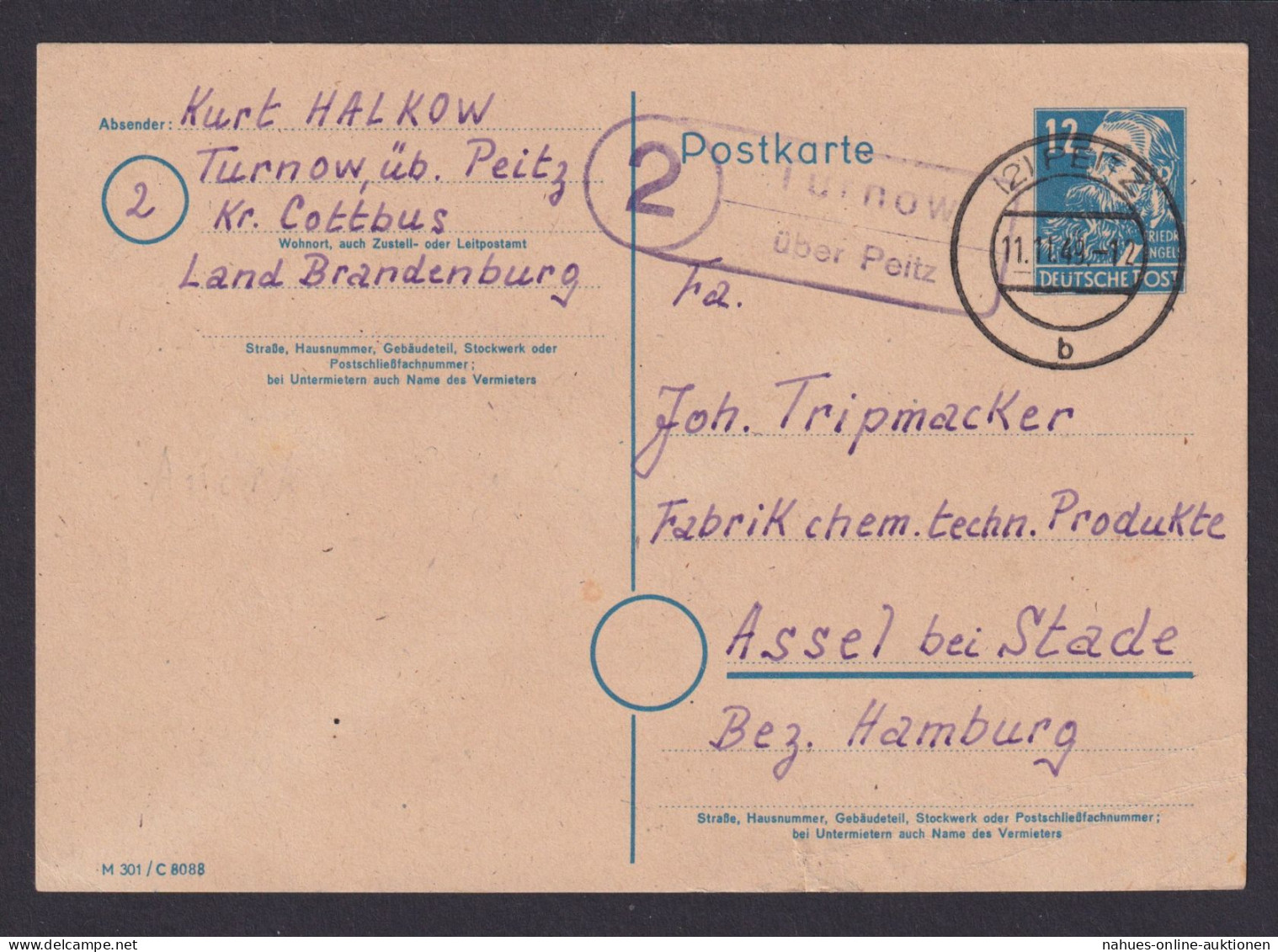 Turnow über Peitz Brandenburg DDR Postkarte Landpoststempel N. Assel B. Stade - Storia Postale