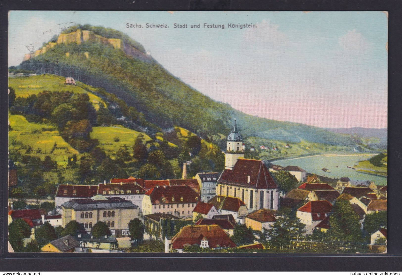 Ansichtskarte Künstlerkarte Königstein Festung Ortsansicht Landschaft Berge Elbe - Autres & Non Classés