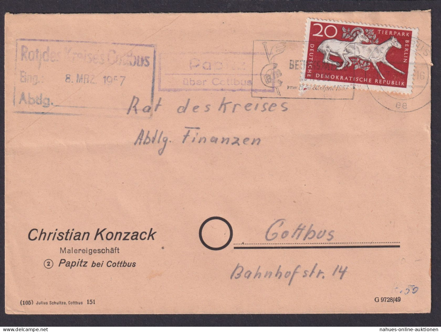 Papitz über Cottbus Brandenburg DDR Brief Landpoststempel Reklame Malergeschäft - Storia Postale