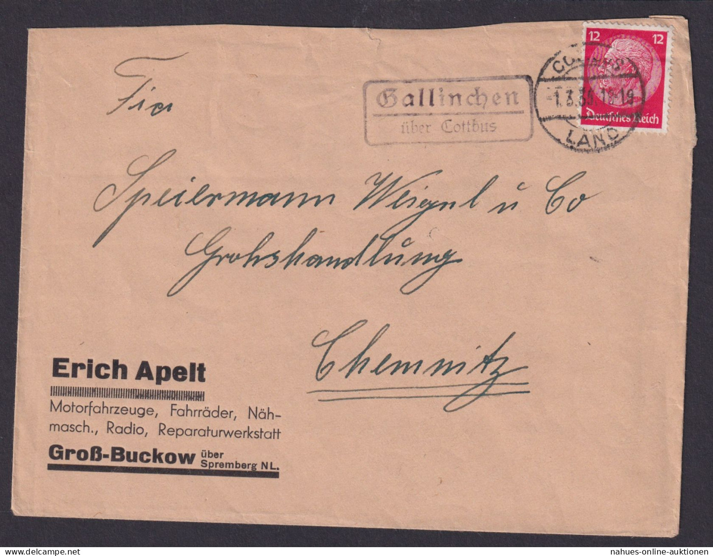 Gallinchen über Cottbus Brandenburg Deutsches Reich Brief Landpoststempel - Storia Postale