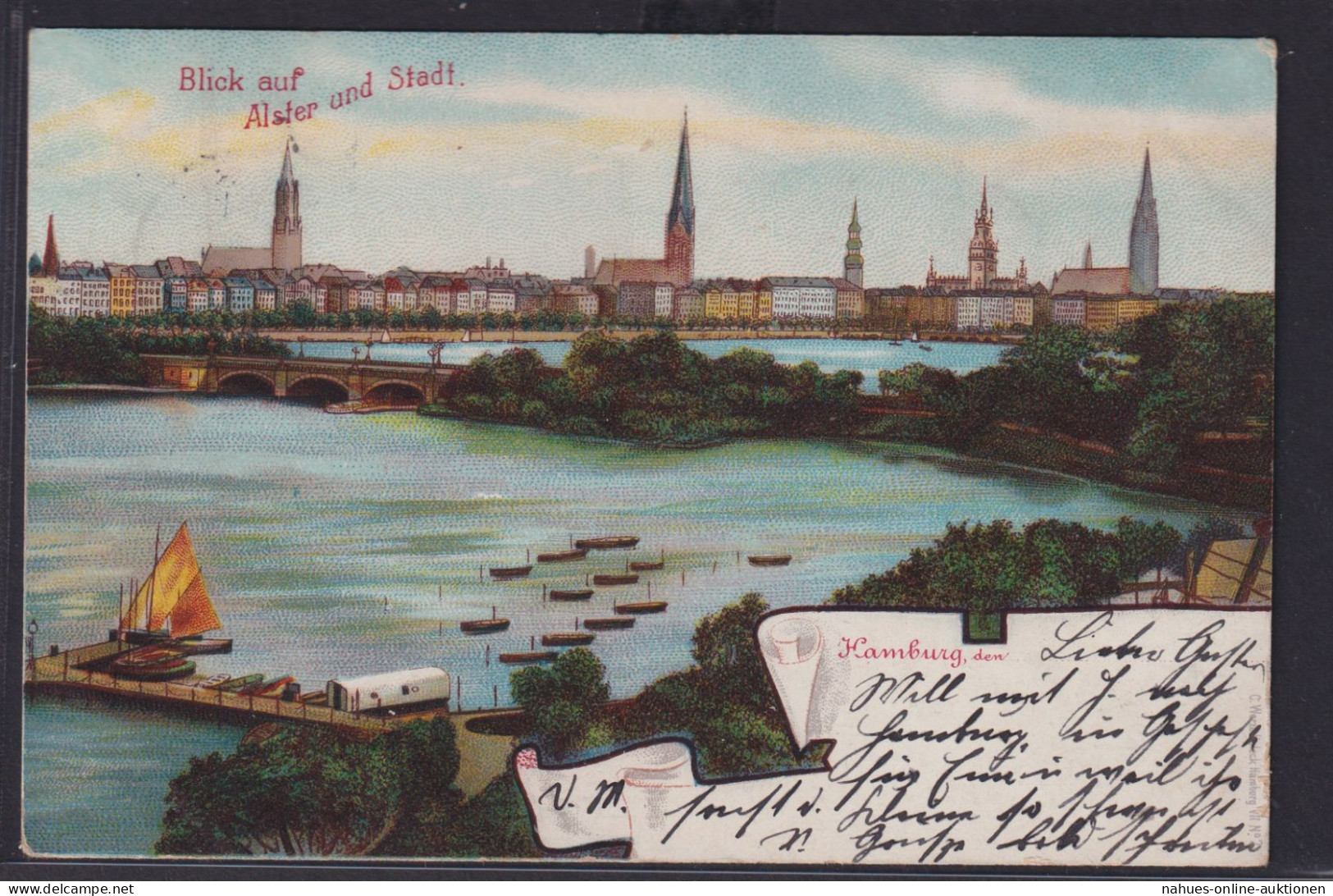 Ansichtskarte Künstlerkarte Litho Hamburg Alster Fluss Brücke Stadt Teilansicht - Altri & Non Classificati