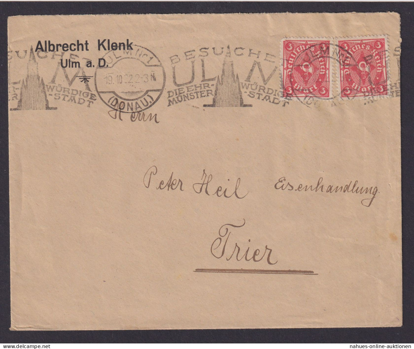 Deutsches Reich Infla Brief MEF 3 Mark Posthorn Toller Sonder-Masch.St. Ulm - Lettres & Documents