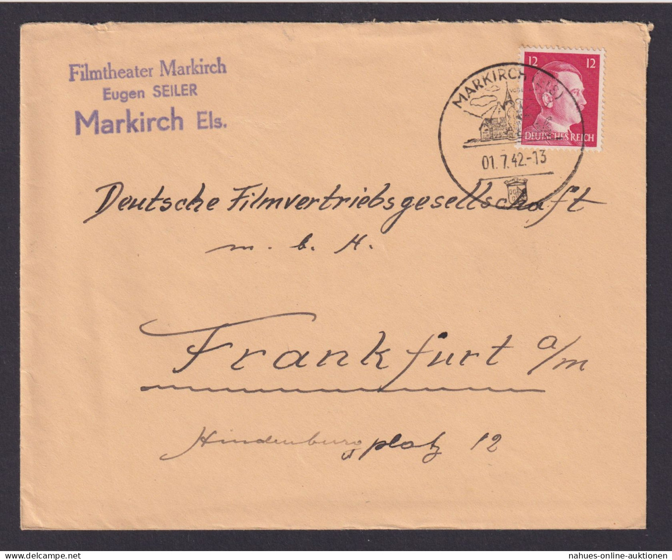 Deutsches Reich Brief EF Hitler Mit Reklame SST Markirch Elsaß Frankfurt Main - Covers & Documents