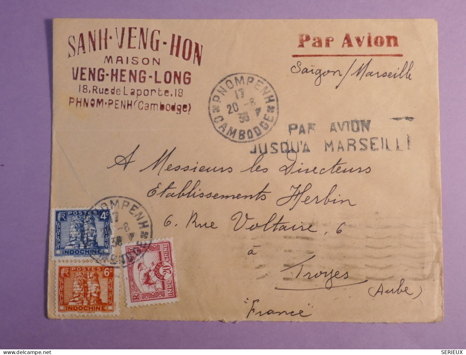 DO 9  INDOCHINE   BELLE LETTRE  PRIVEE  1938 PHNOM PENH A TROYES FRANCE  ++ AFF. INTERESSANT++ - Cartas & Documentos