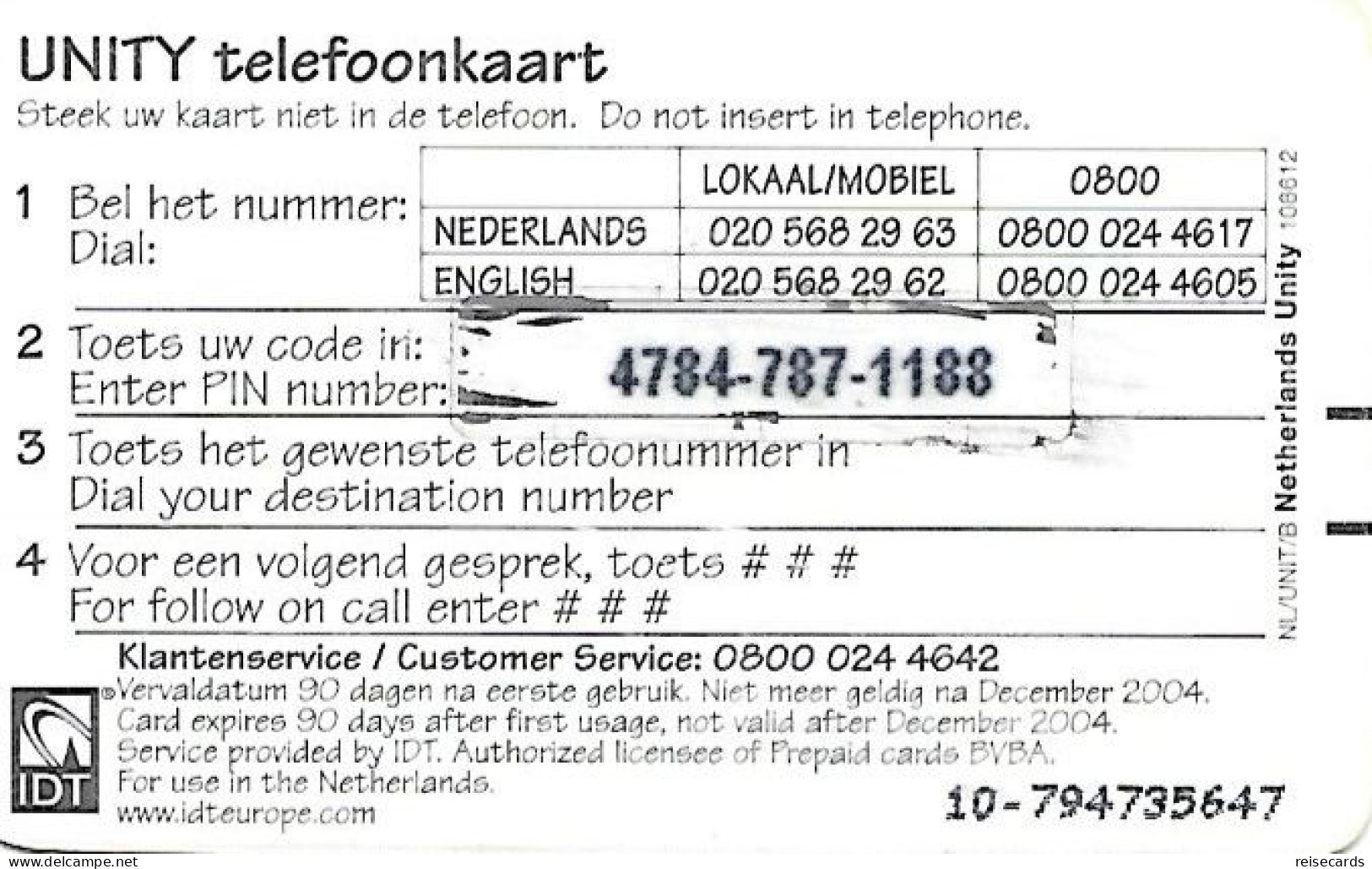 Netherlands: Prepaid IDT - Unity 12.04 - [3] Handy-, Prepaid- U. Aufladkarten