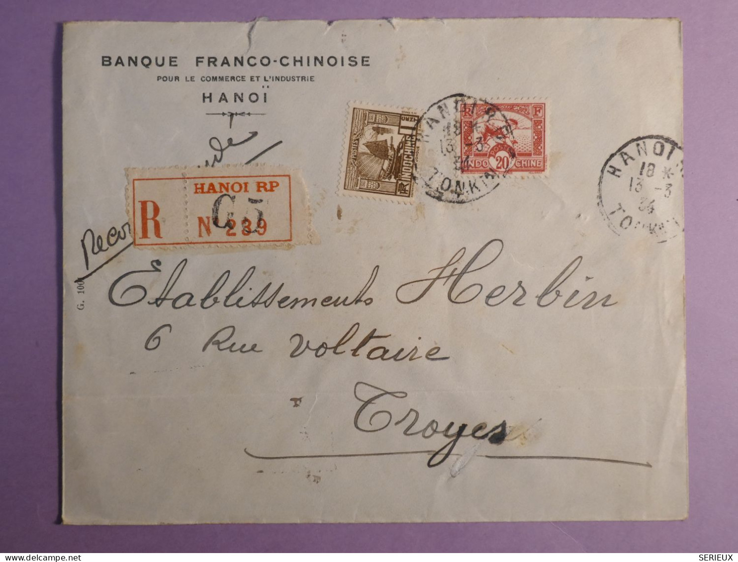 DO 9  INDOCHINE   BELLE LETTRE RECO  PRIVEE  1938 HANOI  A TROYES FRANCE  +CACHET CIRE ROUGE + AFF. INTERESSANT++ - Storia Postale
