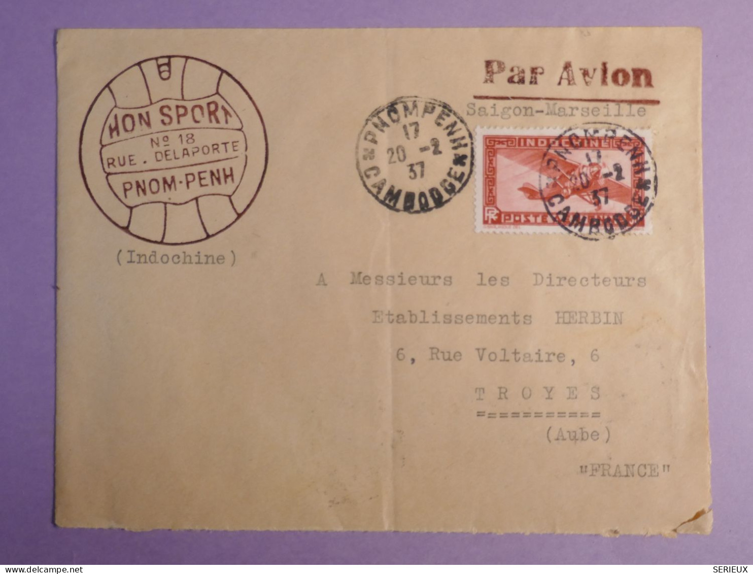 DO 9  INDOCHINE   BELLE LETTRE   PRIVEE  1937 PHNOM PENH   A TROYES FRANCE  +CACHET CIRE ROUGE + AFF. INTERESSANT++ - Covers & Documents