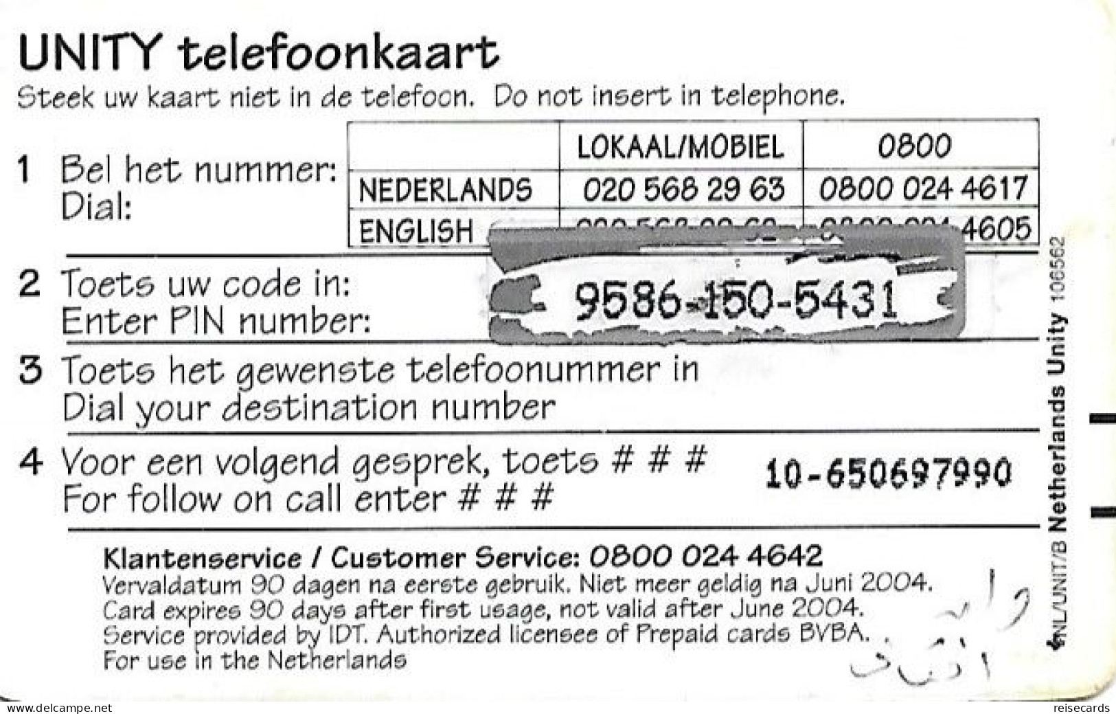 Netherlands: Prepaid IDT - Unity 06.04 - [3] Handy-, Prepaid- U. Aufladkarten