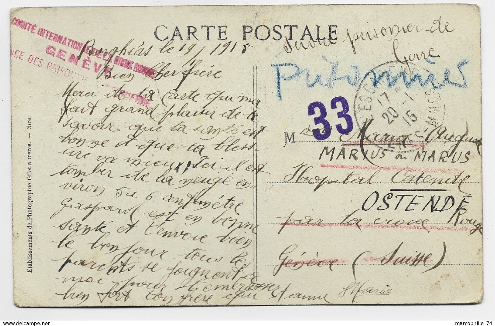 FRANCE BORGHEAS ALPES MARITIMES CARTE 1915 POUR HOPITAL OSTENDE PRISONNIER DE GUERRE PAR CROIX ROUGE GENEVE - Belgisch Leger