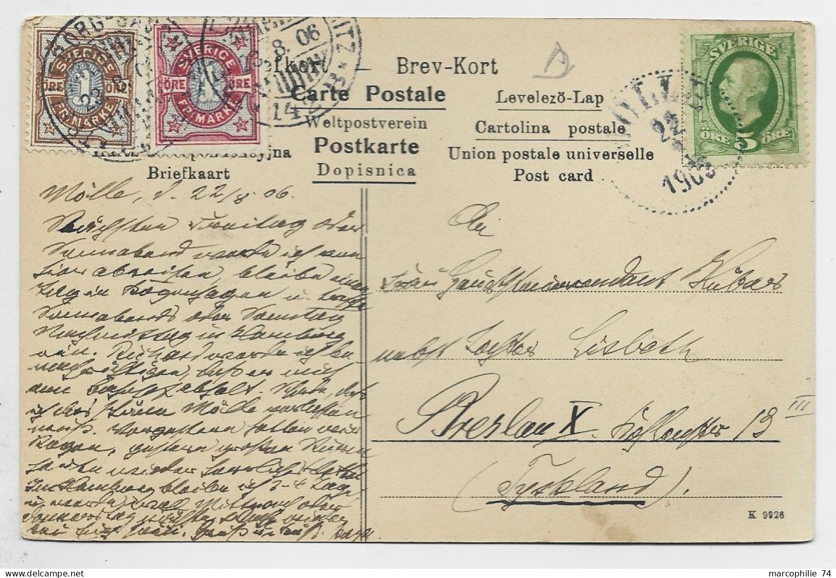 SVERIGE 5 ORE+ 1ORE+4ORE CARTE RANSVIK MOLLE 1906 TO BERLIN - Brieven En Documenten