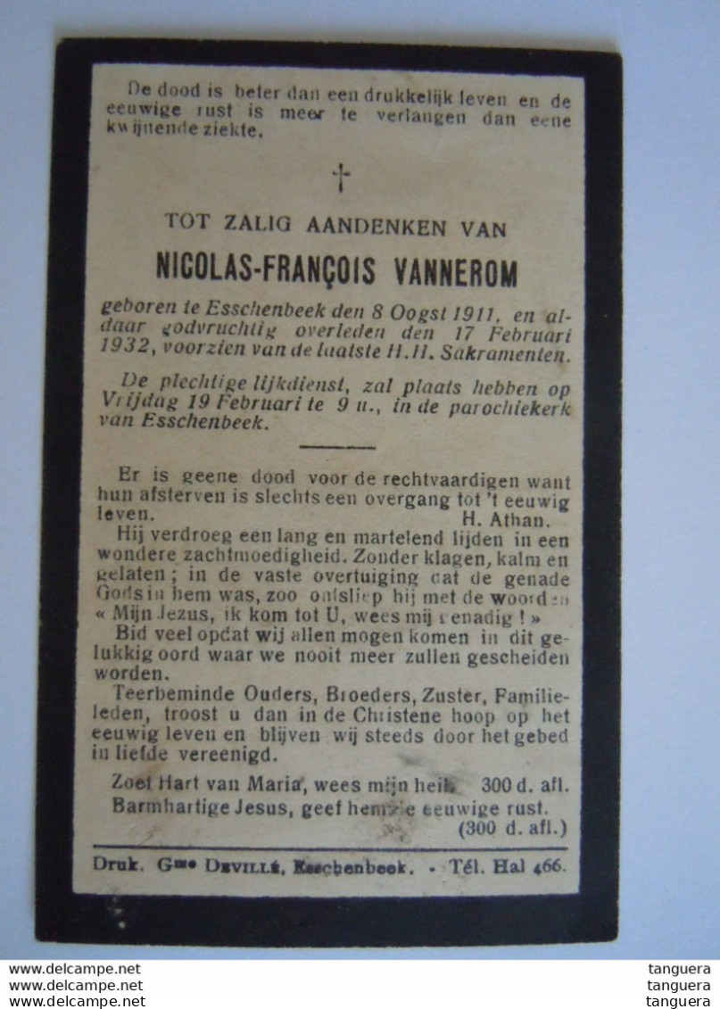 Doodsprentje Nicolas-François Vannerom Esschenbeek 1911 1932 R.V.Ned. Serie C N°35 - Devotion Images