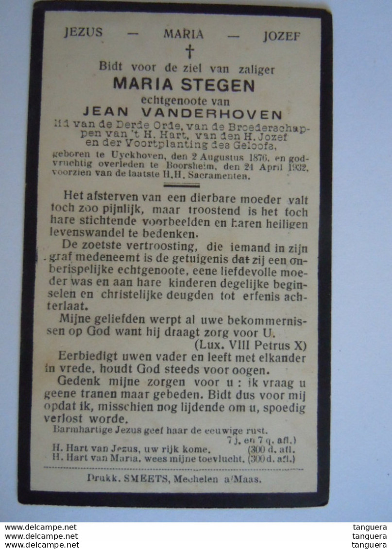Doodsprentje Maria Stegen Uyckhoven 1876 Boorsheim 1932 Lid Derde Orde Echtg Jean Vanderhoven - Exlibris