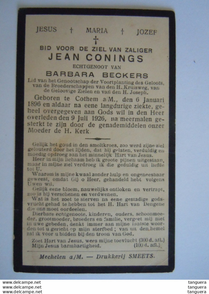 Doodsprentje Jean Conings Cothem A/M 1896 1926 Echtg Barbara Beckers - Devotion Images