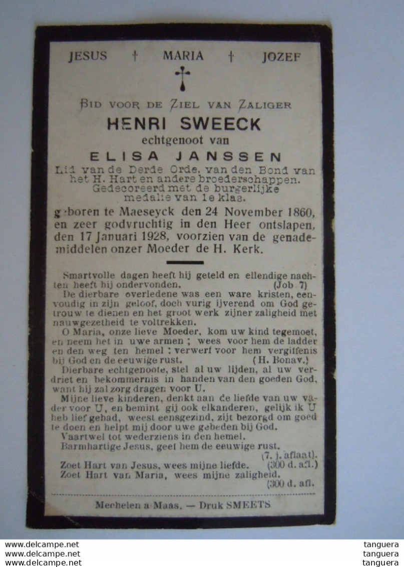Doodsprentje Henri Sweeck Maeseyck 1860 1928 Lid Derde Orde Echtg Elisa Janssen - Santini
