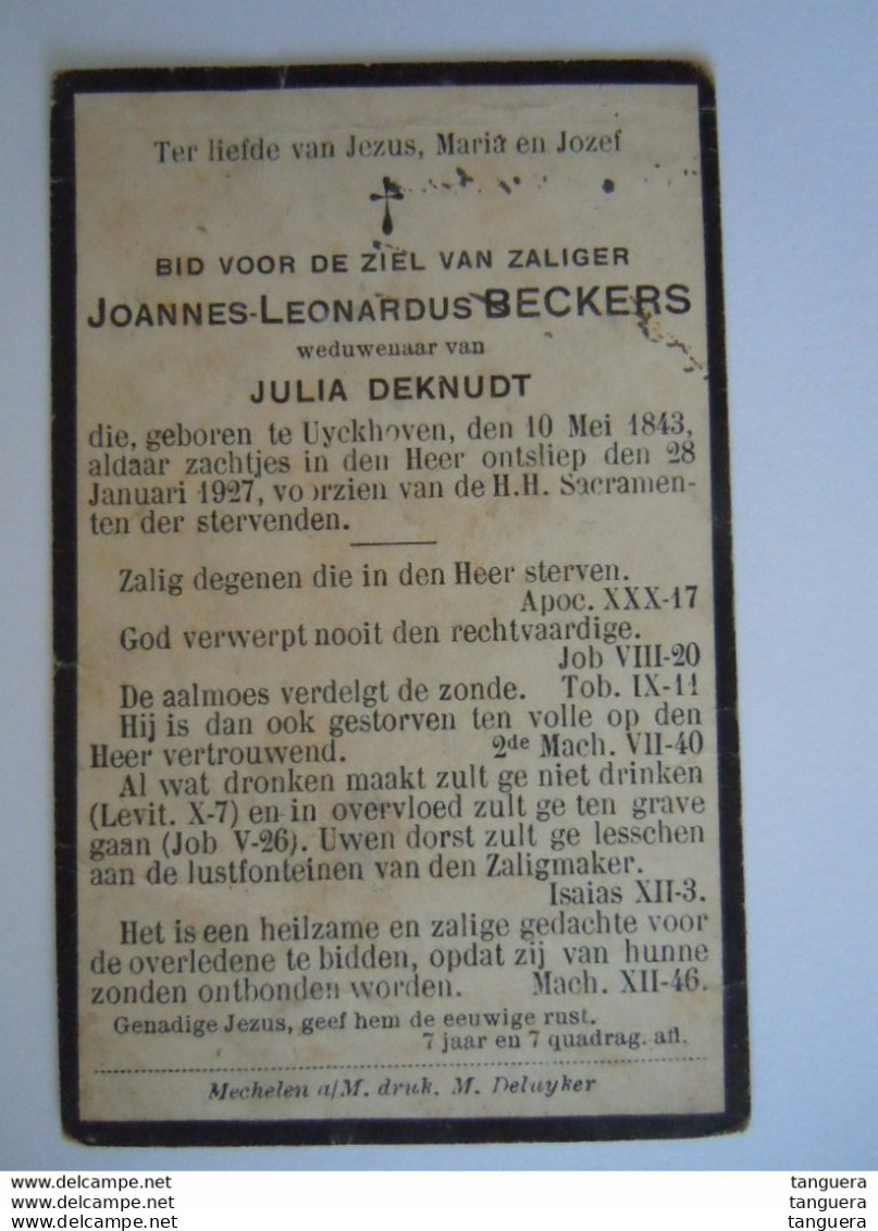 Doodsprentje Joannes-Leonardus Beckers Uyckhoven 1843 1927 Wed Julia Deknudt - Devotion Images