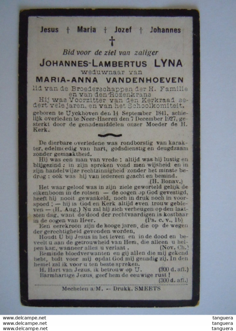 Doodsprentje Johannes Lambertus Lyna Uyckhoven 1841 Neer-Haeren 1927 Wed Maria Anna Vandenhoeven - Devotion Images